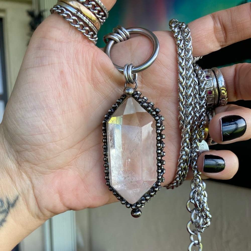 LONG chain BIG 2.5 inch Crystal quartz black electroplated boho goth necklace - Picture 12 of 15
